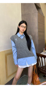 Bow V-neck Loose Fit Gray Vest