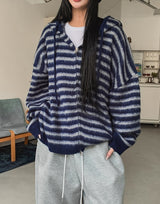 Onz Striped Mohair Knit Hood Zip-Up