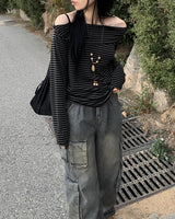 オフショルダー ストライプ ボタン Tシャツ