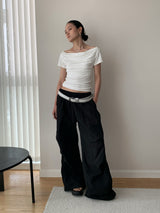 Hand shirring off-shoulder spandex short-sleeved T-shirt