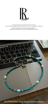 [HANDMADE] Aqua stone pearl necklace