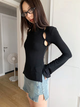 half-turtleneck shoulder slit ribbed long-sleeved T-shirt