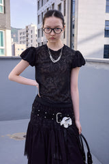 Floral Lace Puff Top (Black)