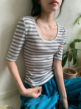 Yoka Stripe U-neck Layered Three Quarter Tee