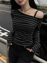 26SS★ [MADE] One-Shoulder Open Stripe Tee