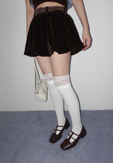 VELOUR BALLOON MINI SKIRT WITH STITCH BELT SET (BROWN)