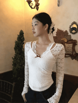レースバックシースルーレイヤードニットウェアTシャツ