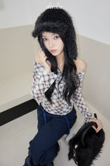 エッジチェックオフショルダーアンバランスTシャツ