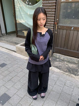 シャバニンストライプヘンリーネック長袖Tシャツ