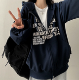 Lantic Lettering Boxy Fit Two Way Hooded Zip-Up