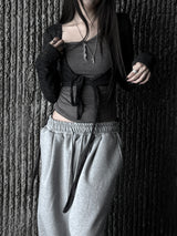 slub crop strap knit cardigan (4color)