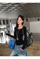 Backless lace point black long-sleeved shirt
