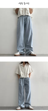 [Short, Basic, Long] [S–3XL] [Summer Long Pants!] Back-banding Purin Semi-Wide Pin Tuck Denim Pants