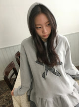 Nahin Check Patch Frill Hood Long Sleeve Tee