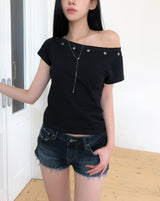 Kit Eyelet Boat Neck Slim Short Sleeve