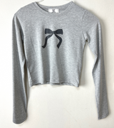 BASIC BOW-DETAIL SEMI-CROPPED STRETCH ROUND U-NECK LONG-SLEEVE TEE