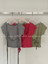 Stripe Backless Ribbon Crop Short Sleeve T-Shirt