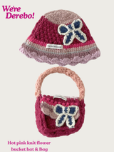 Hot Pink Knit Flower Bunk Hat & Bag Set 2