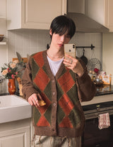 Harvers Argyle Color Matching Knit Cardigan