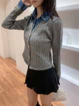 Perry Denim-Layer Cable Knit Long Sleeve Cardigan