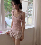 on lace & satin strap sleeveless to