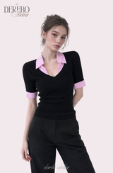 Pink black steady collar V top