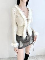 1083. Fur trimming ribbon cardi (3color)