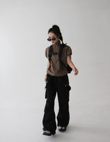 string zipper cargo wide pants