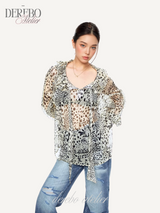 Leopard see-through frill blouse