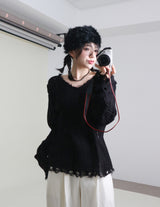 ラバーVネックダメージカットポイント長袖ニット (wool material)