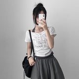 Halterneck button shirring off-shoulder short-sleeved T-shirt (3 colors)