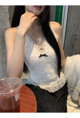 Best Lace V-neck Frill Sleeveless T-shirt
