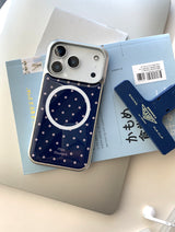 [MADE]ネイビーピンクドット エポキシ シルバー MagSafe iPhoneケース