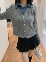 Perry Denim-Layer Cable Knit Long Sleeve Cardigan