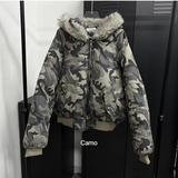 [Unisex] Camo crop fur hood jumper