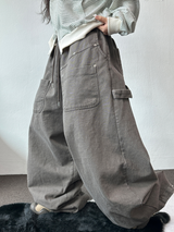 HIGH QUALITY🌌DOWN SNAP HIP PATCH RIVET PIGMENT BALLOON LONG PANTS 🤎3COLOR