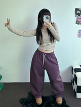 フリース/ストリング❤ベーシックルーズワイドロングパンツ 💜💙💚🤍4カラー