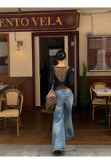Black bag see-through pad bow long-sleeved shirt