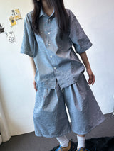 Logi Striped Linen Balloon Short Sleeve Shirt 2color