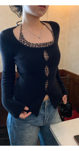 Leopard Halterneck Layered Long-Sleeved Knitwear