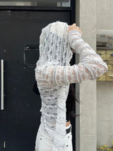  Sugar Veil Sheer Lace Long Sleeve Hooded Zip-Up (White)