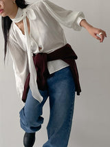 Wrinkle V-Neck Tie Blouse
