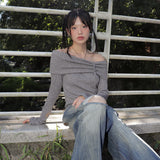 Vision Belt Buckle Shirring Ribbed Off-Shoulder T-Shirt