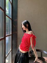 Unbalanced Color Off-Shoulder Strap Stripe Tee