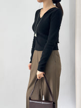 Ciar Collar V-Neck Slit Ribbed Long Sleeve Knit