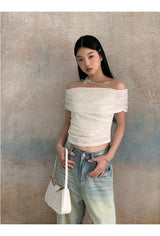 ムード刺繍フライオフショルダーTシャツ