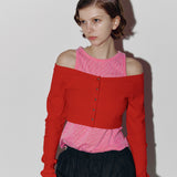 Button off crop cardigan set Red