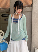 Levui Summer See-through V-Neck Layered Long Sleeve Tee