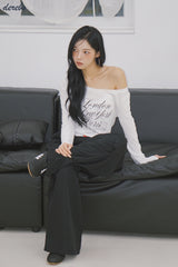wide neck lettering normal fit long-sleeved T-shirt