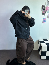 FLEECE/STRING TWO CARGO RIVET WIDE BALLOON LONG PANTS💚🤎🖤🩶4COLOR